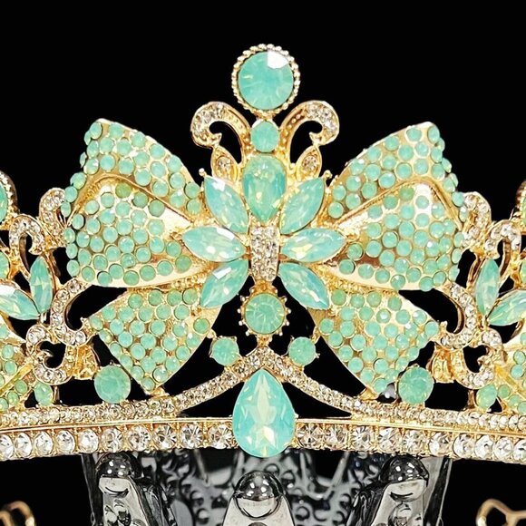 Lime Green Crown, Royal Princess Tiara, Gold Gemstone Crown, Quinceanera Tiara - Picture 10 of 10